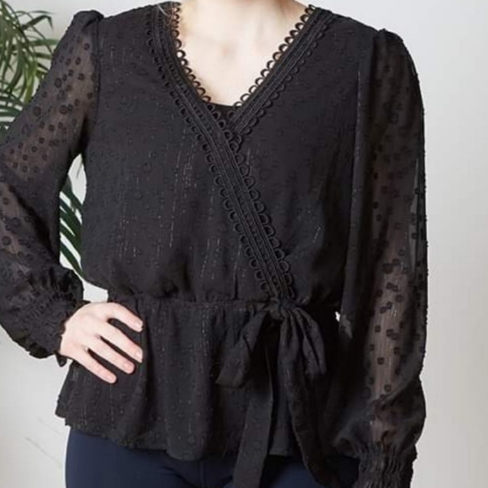 Moon River Black Embroidered
Wrap Blouse
